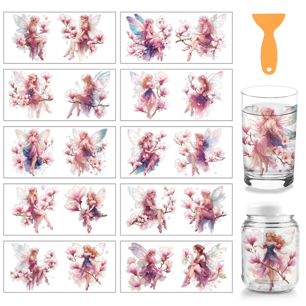 arricraft 10 Pcs Fairy Theme Cup Printing UV Transfer Papers, 10 Styles Pink Magnolia Magnolia Fairy PVC DIY Heat Transfer Stickers for 16 OZ Glass Cups Crafts 9.5x4.3inch