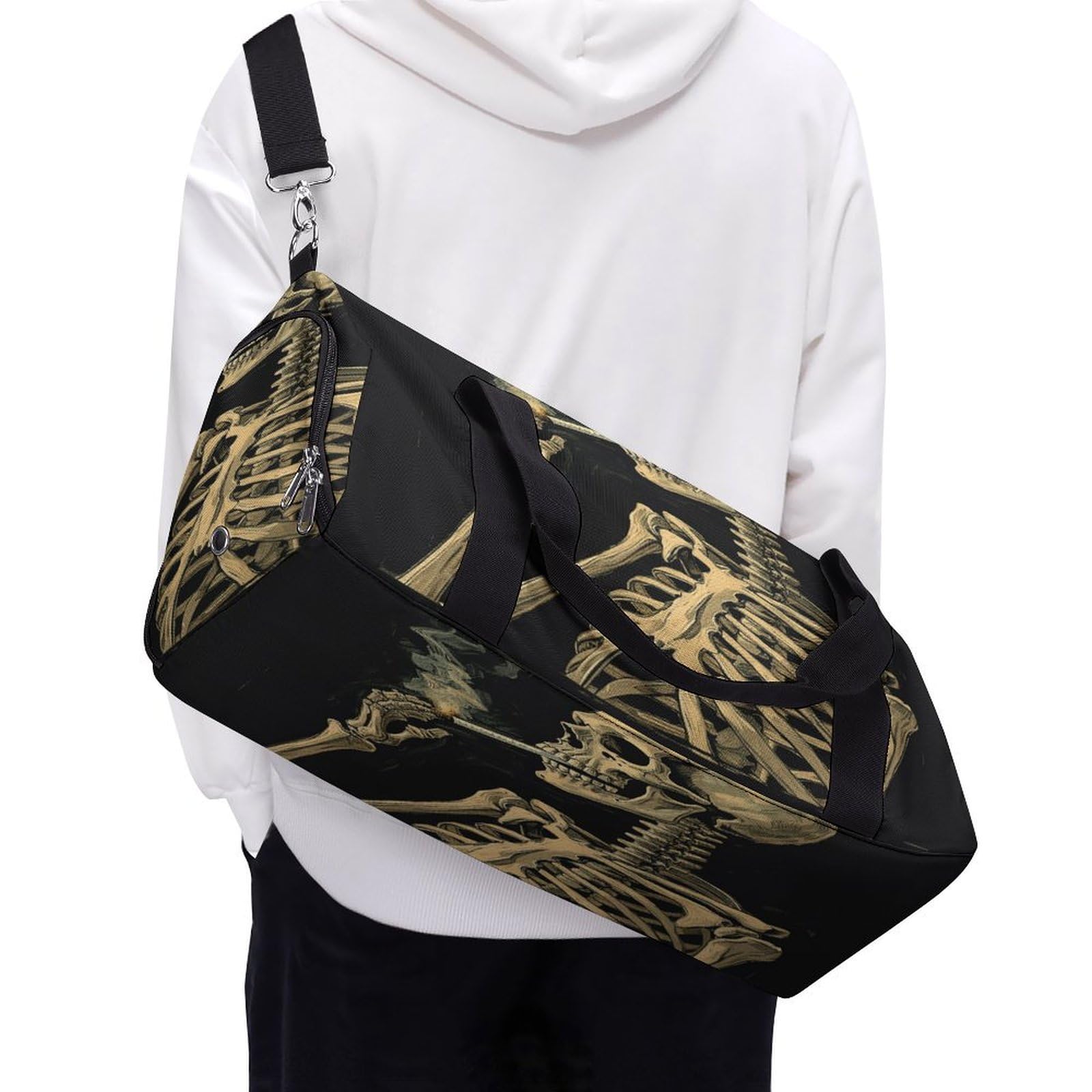 Fitness-Tasche, ein Skelett mit brennender Zigarette, Sporttasche, Reise-Fitness-Tasche, Essentials-Turnbeutel, Turnbeutel mit Schuhfach, Stil, Stil, Einheitsgröße, modern, Stil:,