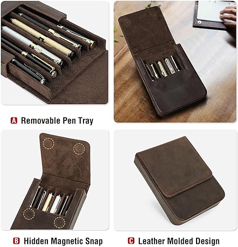 Vista 157 de Top Grain - Estuche organizador de cuero genuino para 12 bolígrafos y lápices, diseño minimalista sólido, hecho a mano, cierre magnético con cajón