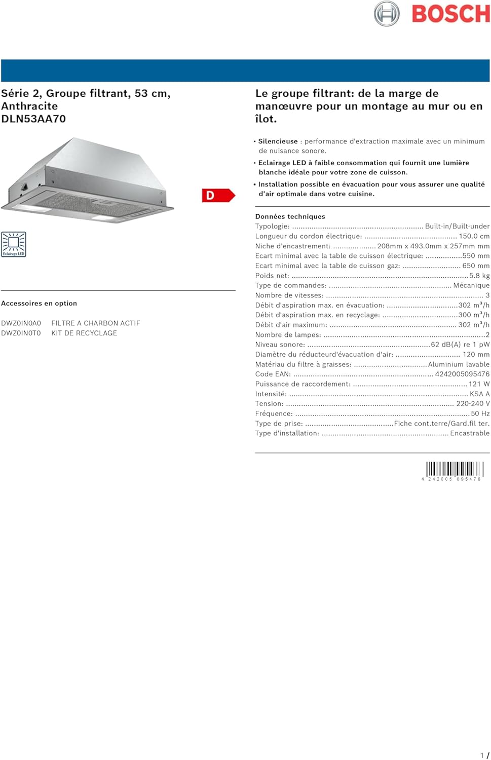 Bosch DLN53AA70 product label with technical data