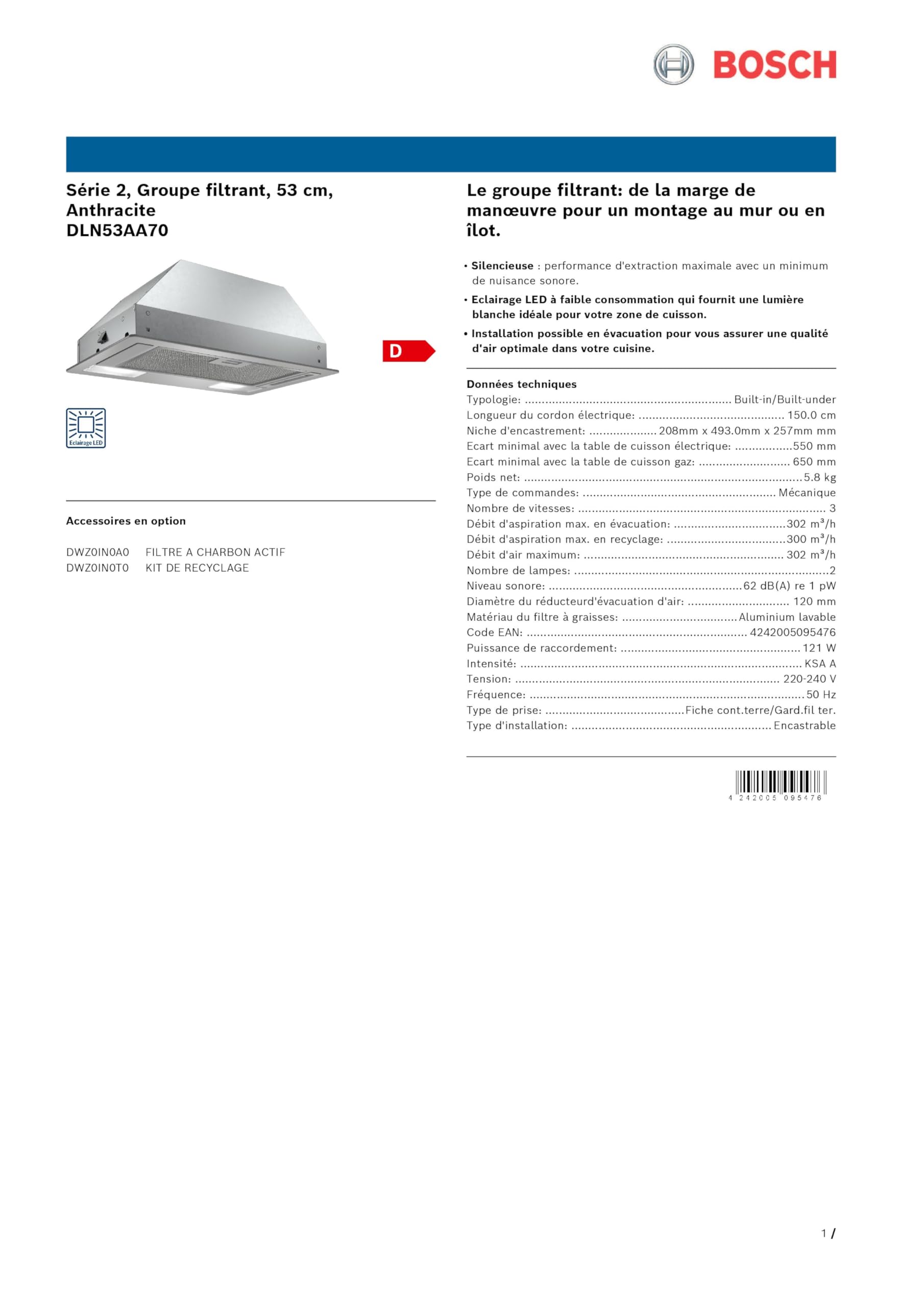 BOSCH SERIE 2 DLN53AA70 CAMPANA 302 M³/H ENCASTRADA ACERO INOXIDABLE D