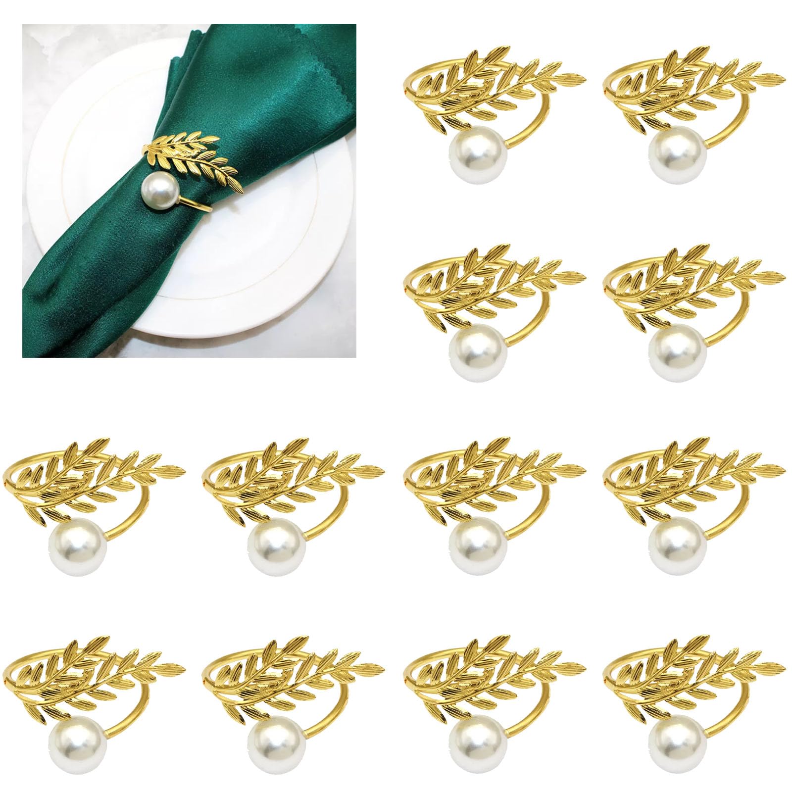 Voidhues Gold Napkin Rings Setm 12Pcs Wheat Ears Pearl Metal Napkin Rings Napkin Decorations For Weddings, Parties, Thanksgiving, And Christmas Dinners (Gold)