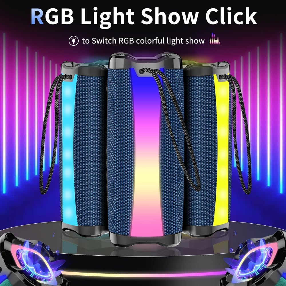 Three neza speakers lined up, showcasing their vibrant RGB light shows in different colors.