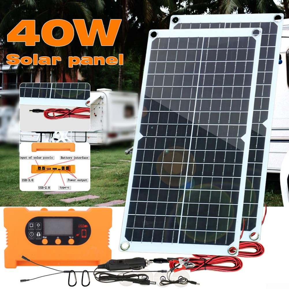 Panel solar portátil de 40 W con controlador de carga rápida, salida USB-C monocristalina para camping, senderismo, aventuras al aire libre, diseño compacto resistente a la intemperie