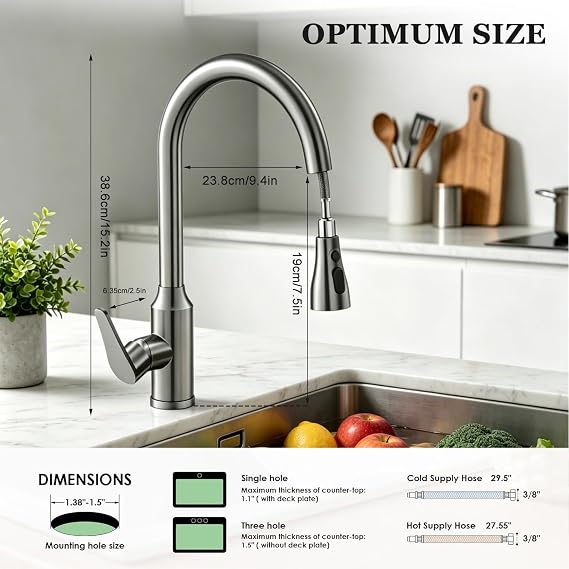 Kitchen Mixer Tap with Pull Out Sprayer, 3 Spray Modes, High Arc 360° Swivel Sink Tap, Gunmetal Grey Stainless Steel Tap with Extendable Hose for Farmhouse, RV, Laundry, Bar, Camper & Commercial Use