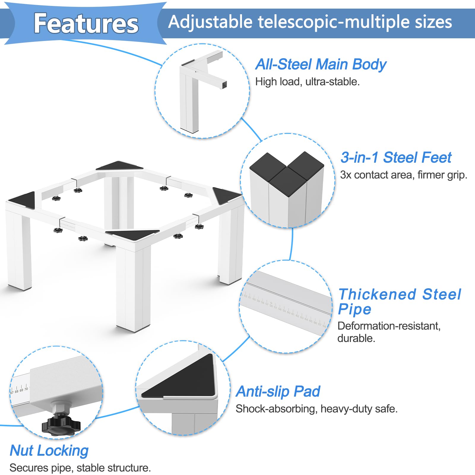 DEWEL Base Lavatrice Alta Resistenza Altezza 30 cm, In Acciaio Massiccio Robusto, Carico 500kg, Supporto Universale e Regolabile (50-78cm) per Lavatrice, Asciugatrice e Frigorifero, Bianco