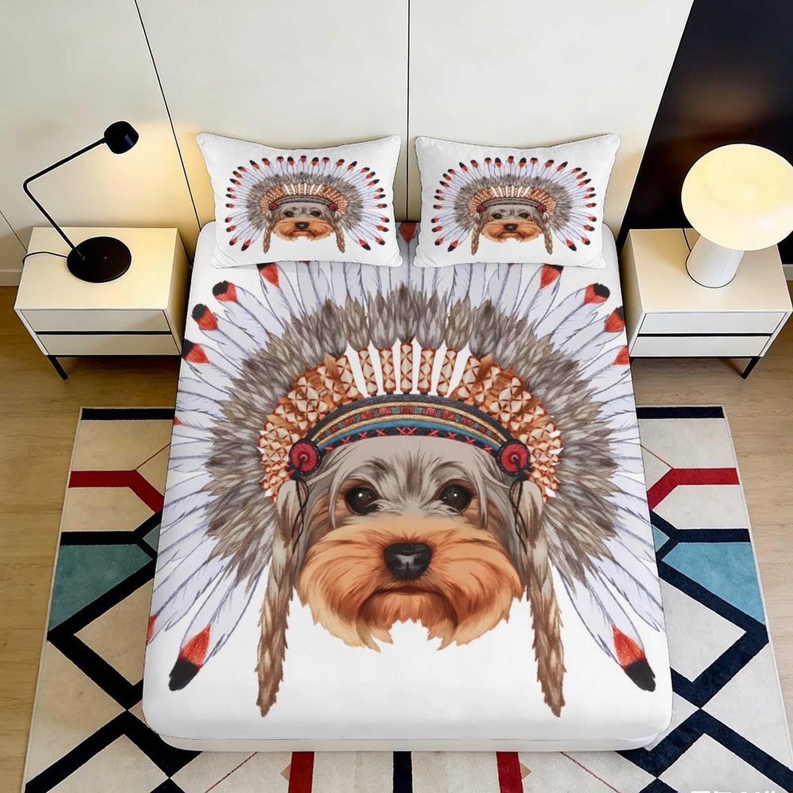 3D Printed Native Headdress Fitted Sheet Microfiber Soft Breathable Tribal Pattern Mattress Cover for Bedroom Dorm Decor 90x200x25cm