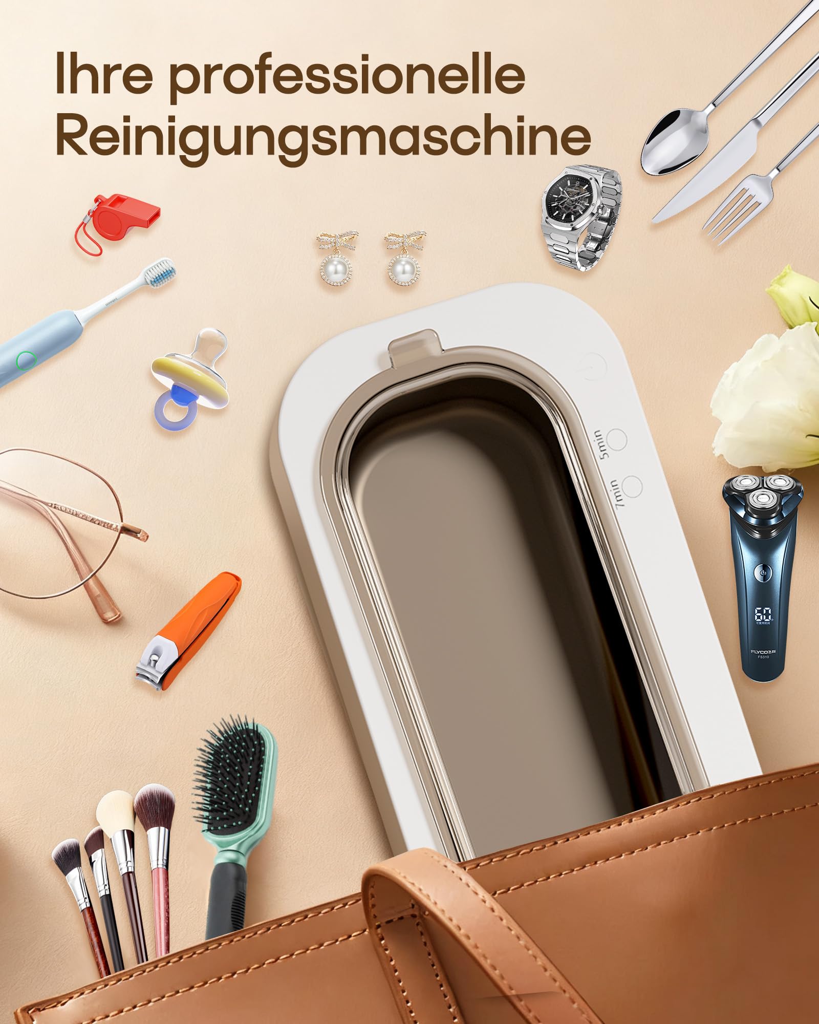 Ultraschallreinigungsgerät, Professionelle 48KHz-Ultraschallreiniger/Brillenreinigungsgerät für Schmuck, Zahnprothese, Halter, 2 Reinigungsmodi/360°Tiefenreinigung,350ML 304 Edelstahltank,Geräuscharm | Ultraschallreiniger für Mundschutz, Aligner, Nachtsch