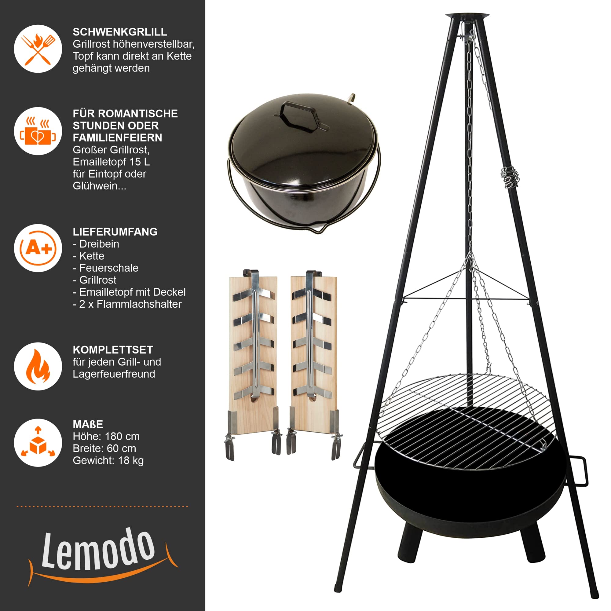 Lemodo Holzkohlegrill, Schwenkgrill mit Grillrost, Gulaschkessel und Lachsbretter, Feuerschale
