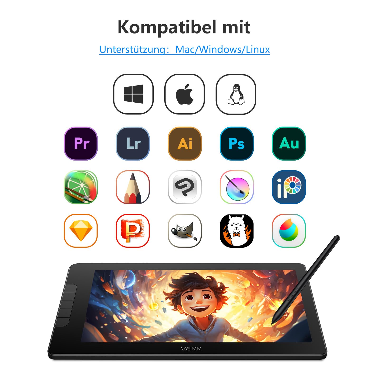 VEIKK Studio 16 Tablette Graphique avec Ecran 16384 Niveaux 15.6 Pouces Drawing Tablette avec Fonction Tilt et 5 Boutons Poussoir+1 Barre Tactile, Compatible avec Windows Mac Idéal pour