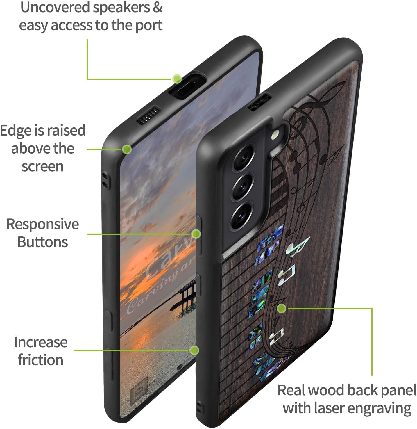 Carveit Designer Wooden Cover for Samsung Galaxy S22 Plus Case [Wood Engraving & Shell Inlay] Compatible with Wireless Chargers S22 Plus (Melodic Waves-Blackwood)