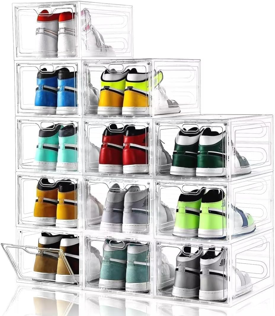 INSTY 12 Pack Large Shoe Storage Box, Clear Shoe Storage Organizer with Magnetic Door, Stackable,Shoe Containers For Display Sneakers, Easy Assembly, Fit up to US Size 12, Clear