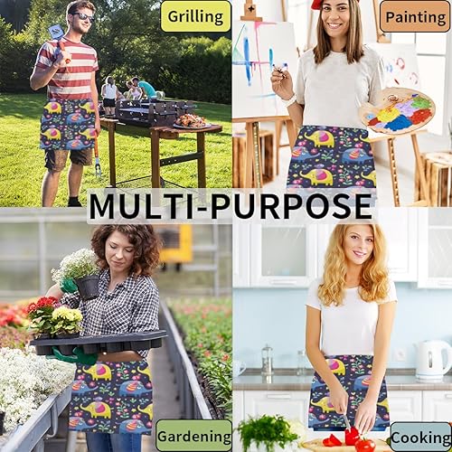 Miniatura 5 de KOBLEN Elephant Bird Flowers 3 Pack Server Aprons with 3 Pocket Waterproof Womens Half Waist Aprons for Cooking Dishwashing Kitchen Gardening Salon