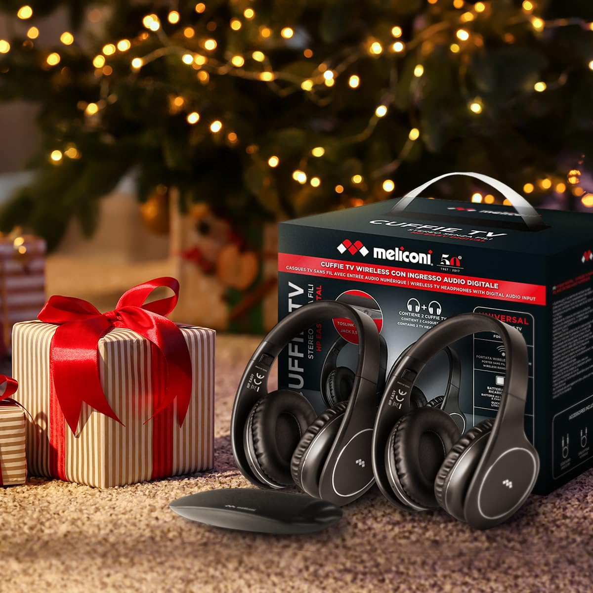 Meliconi Słuchawki Easy Digital Bundle, 2 bezprzewodowe słuchawki stereo TV, 100% cyfrowe, z analogowym/cyfrowym wejściem audio i wymiarową stopką transmitera, czarne