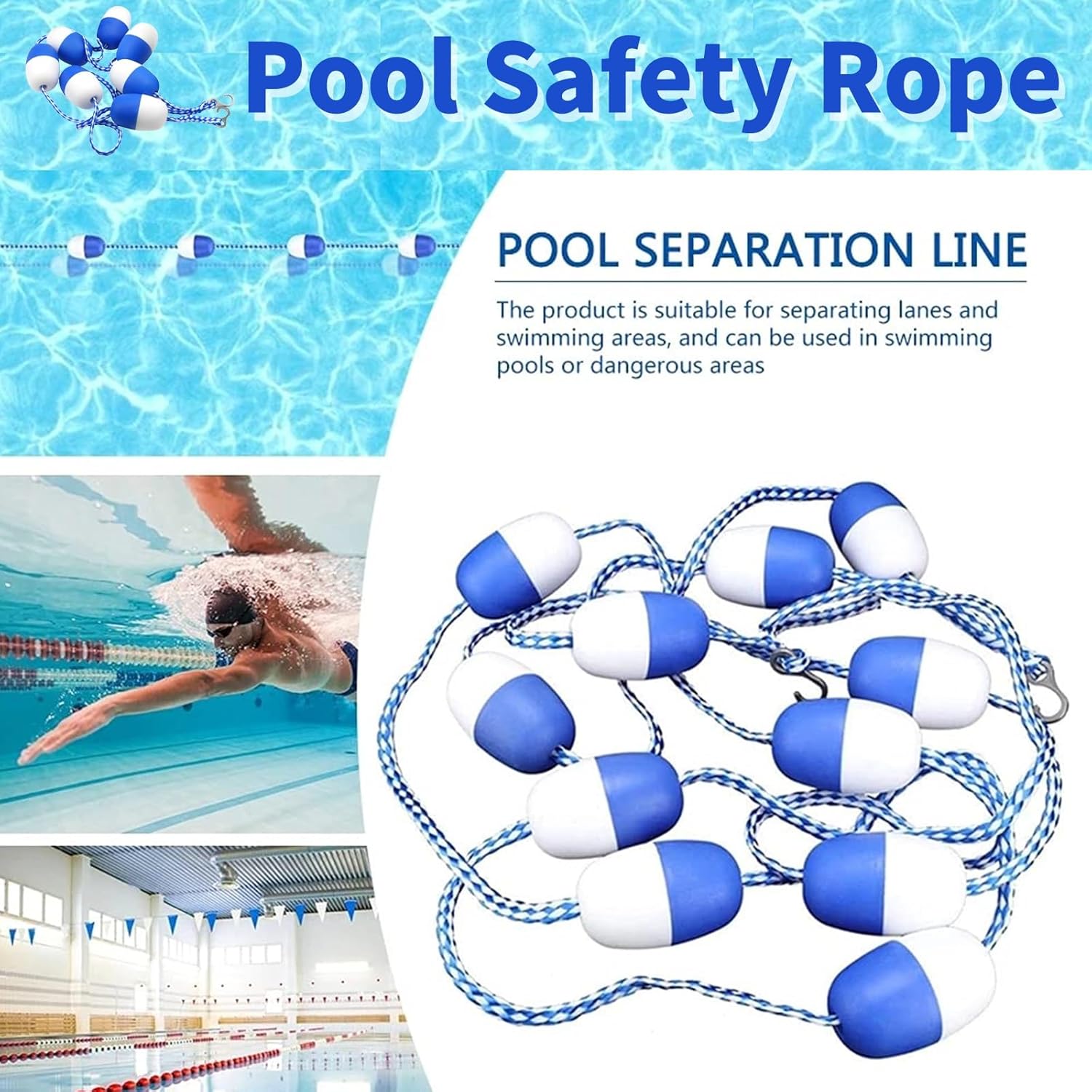 Pool Adjustable Safety Rope 5ft 10ft 15ft 20ft 25ft 30ft, Floating Divider with ABS Buoys, Nylon Cord & Stainless Hooks, Shallow Deep Separator for Swim Lanes, Residential & Commercial Pools-5FT