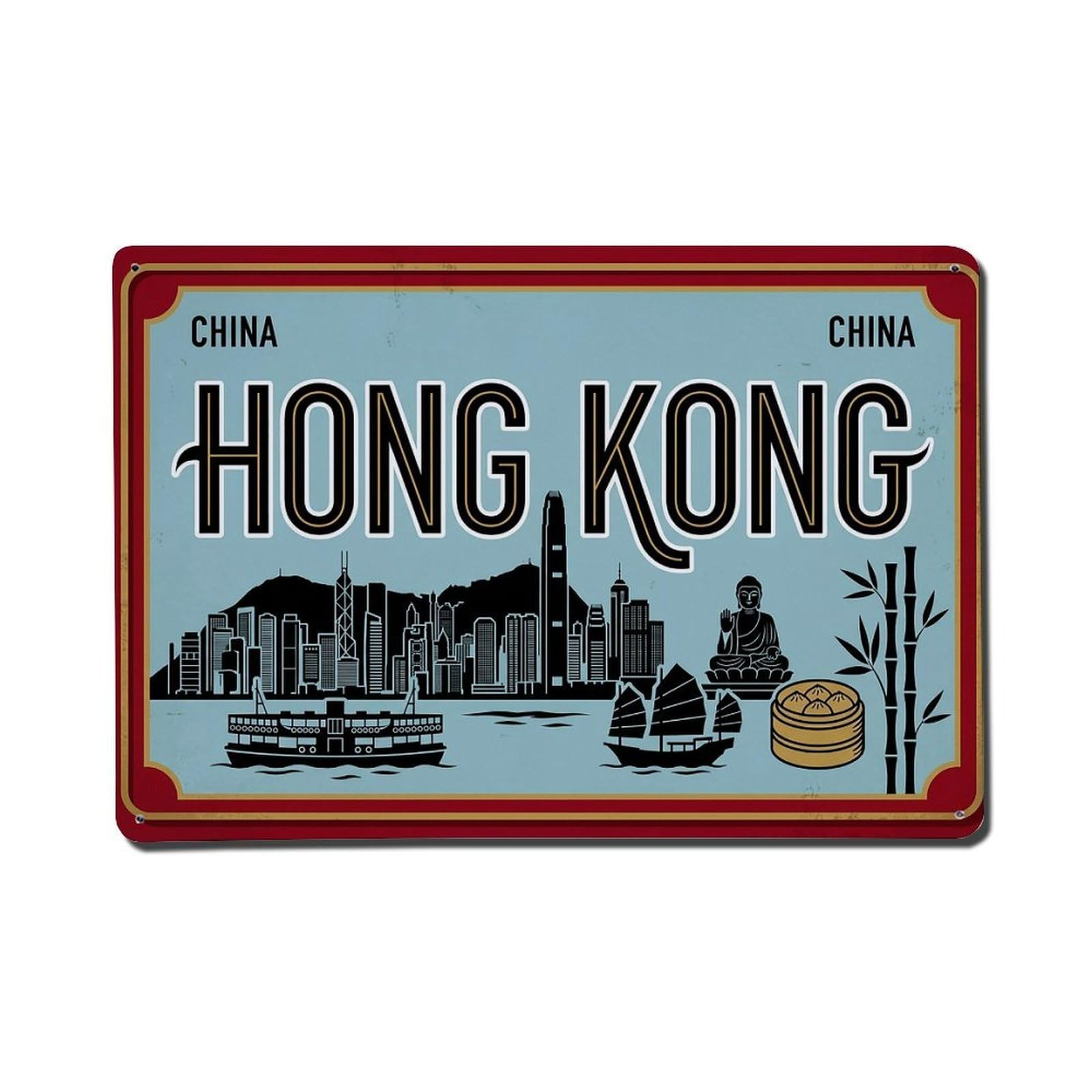 Cwbufd 8X12inch(20X30cm) Vintage Travel Hong Kong China Skyline Junk Metal Tin Sign Plaque Wall Decor For Cafe, Club Bar, Office, Garden Metal Poster 8X12inch