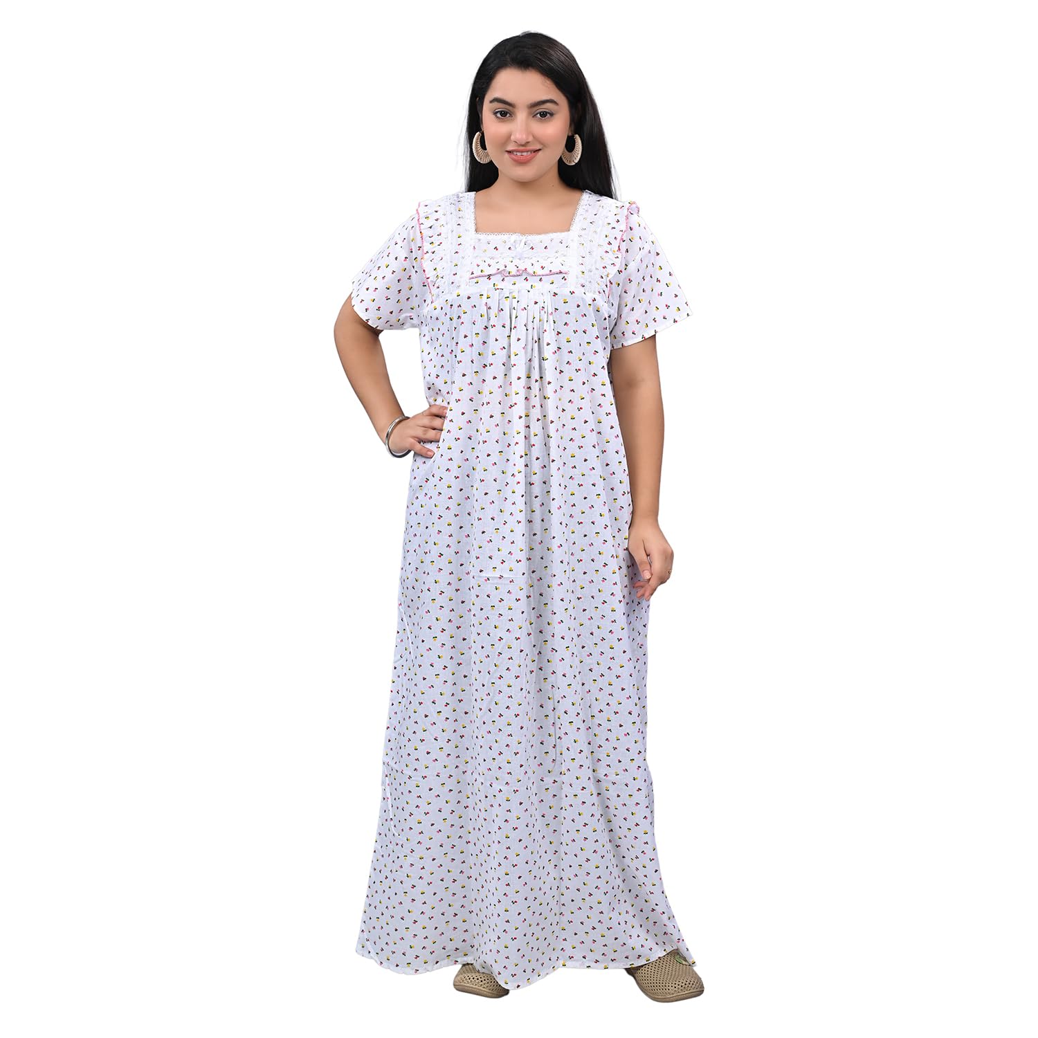Woman Cotton Printed Nighty/Nightgown/White Maxi/Nihgtwear-image-34
