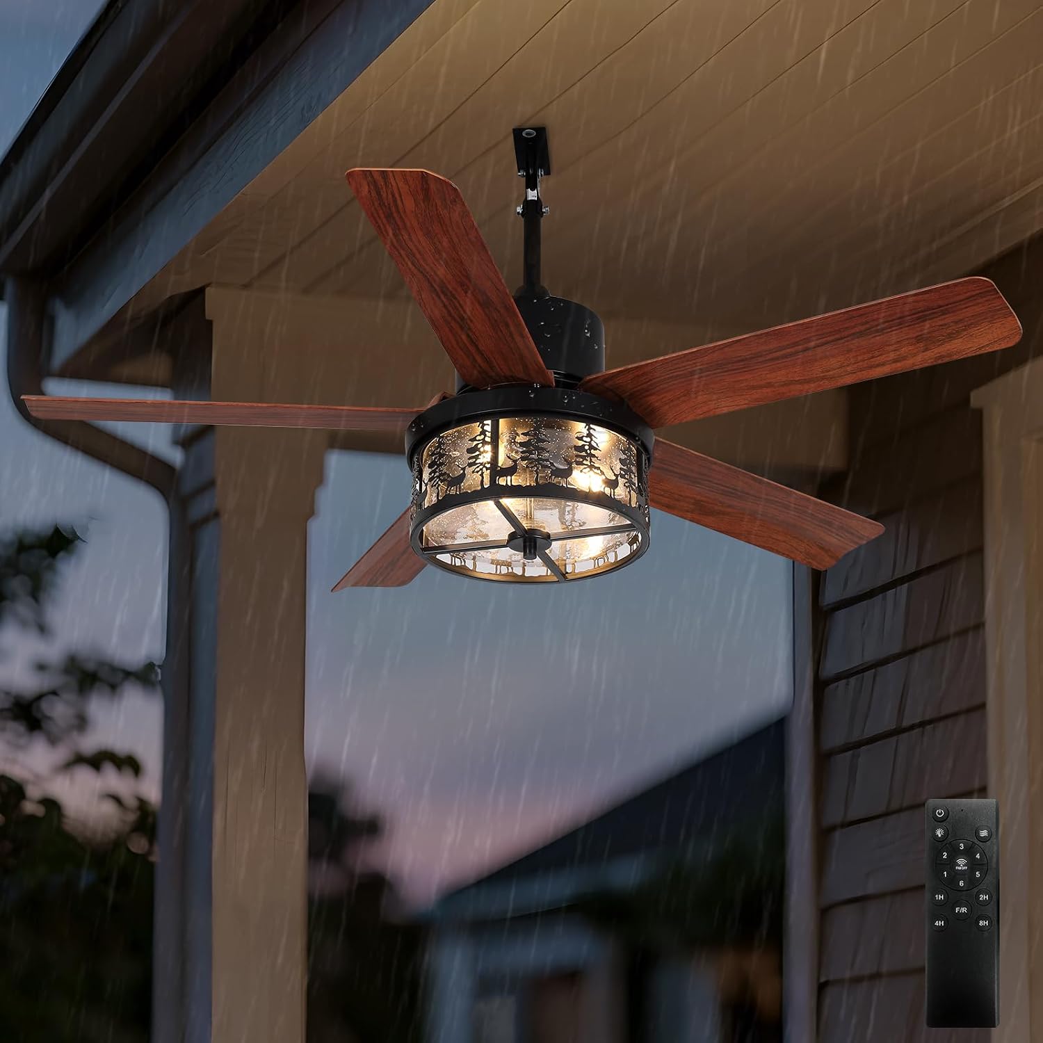 42 Inch Outdoor Ceiling Fan with Light and Remote, Rustic Farmhouse Outdoor Ceiling Fan, IP65 Waterproof with 6 Speed DC Motor, Bear and Deer Design Gazebo Fan for Patio, Porch, Living Room