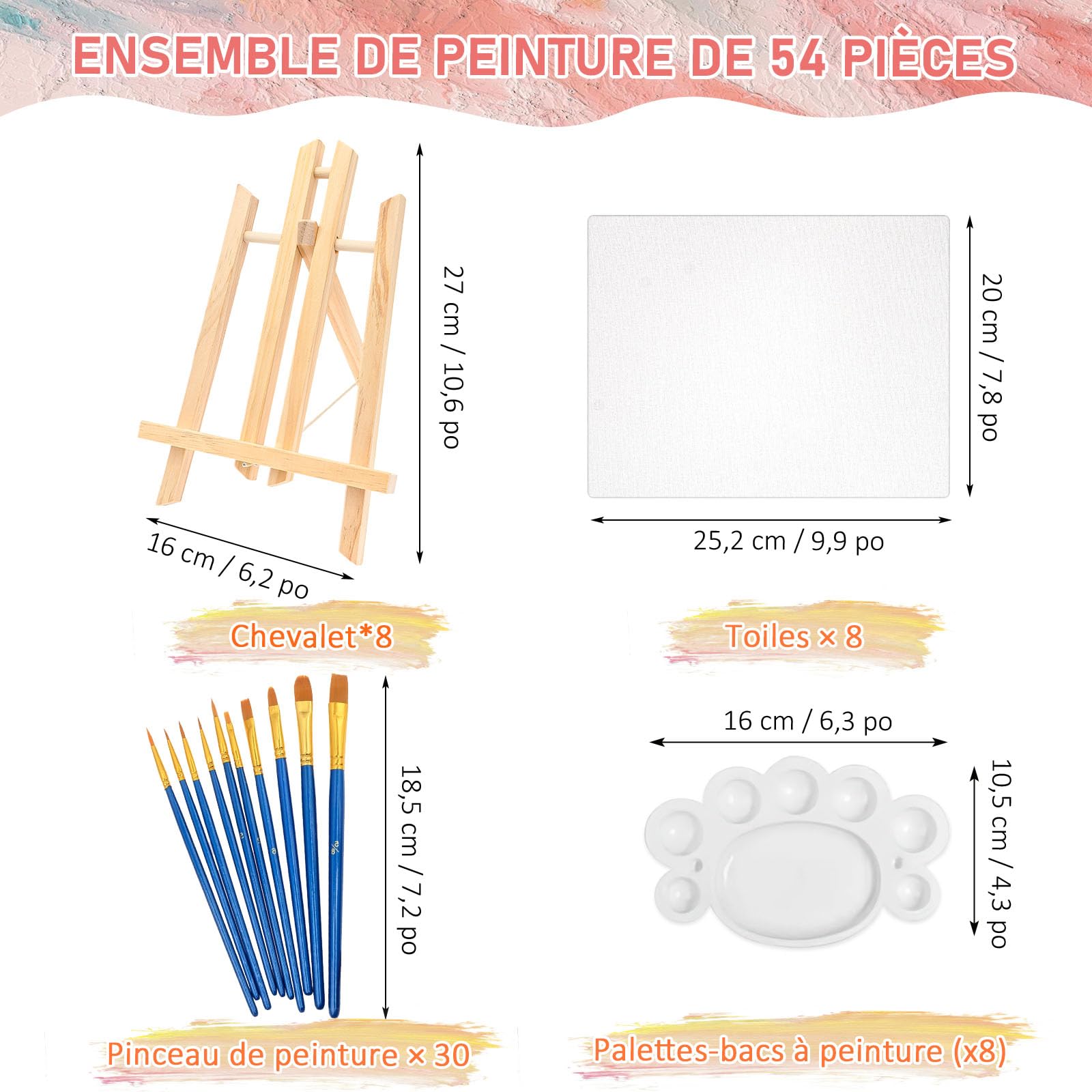 54 Pièces mini chevalets avec toile, kit de peinture