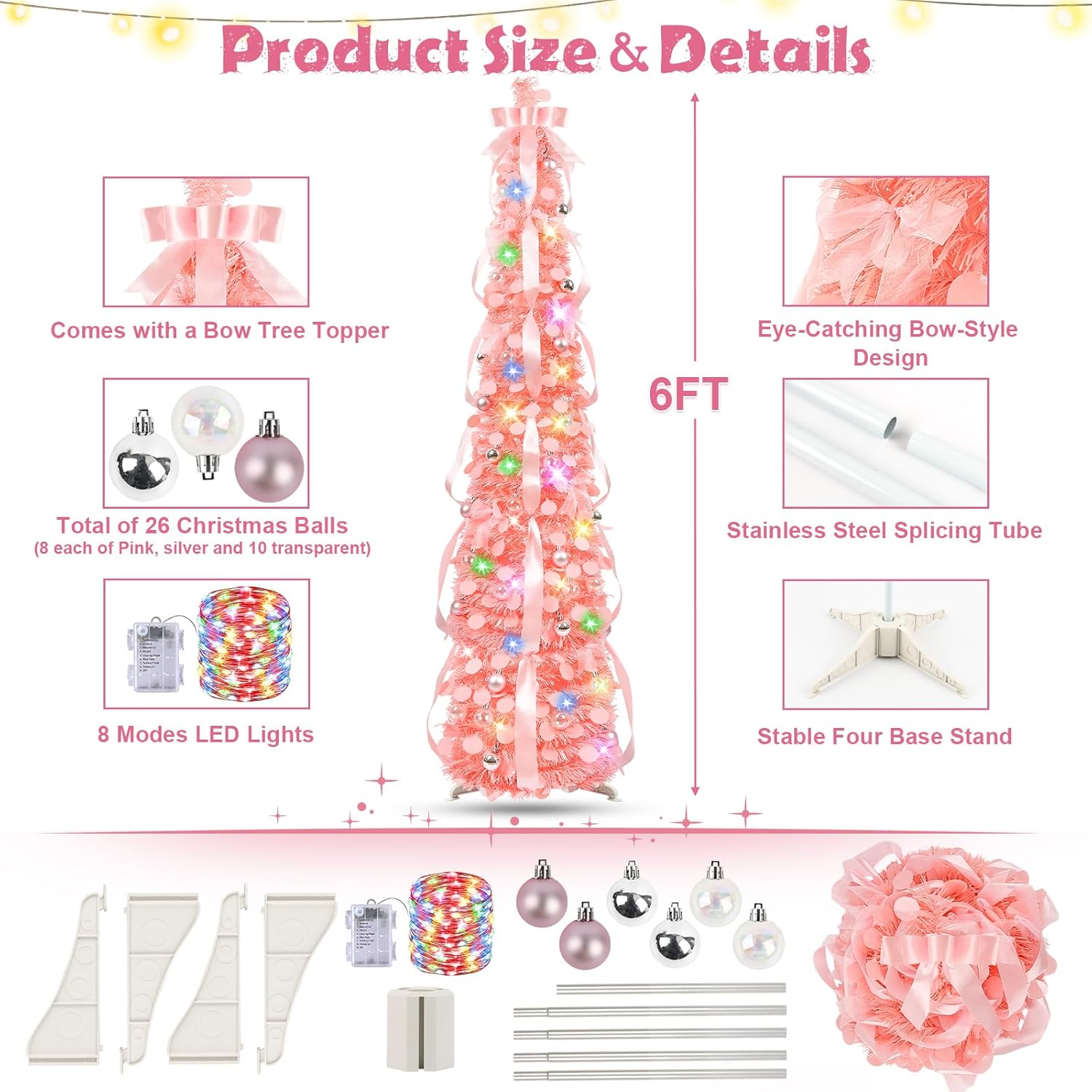 N&T NIETING Pop Up Christmas Tree Decorations Artificial Collapsible Tree with Lights 8Modes&Timer Predecorated Pencil Tinsel Tree for Home Apartment Office Indoor Outdoor Party Xmas Décor, 6FT, Pink