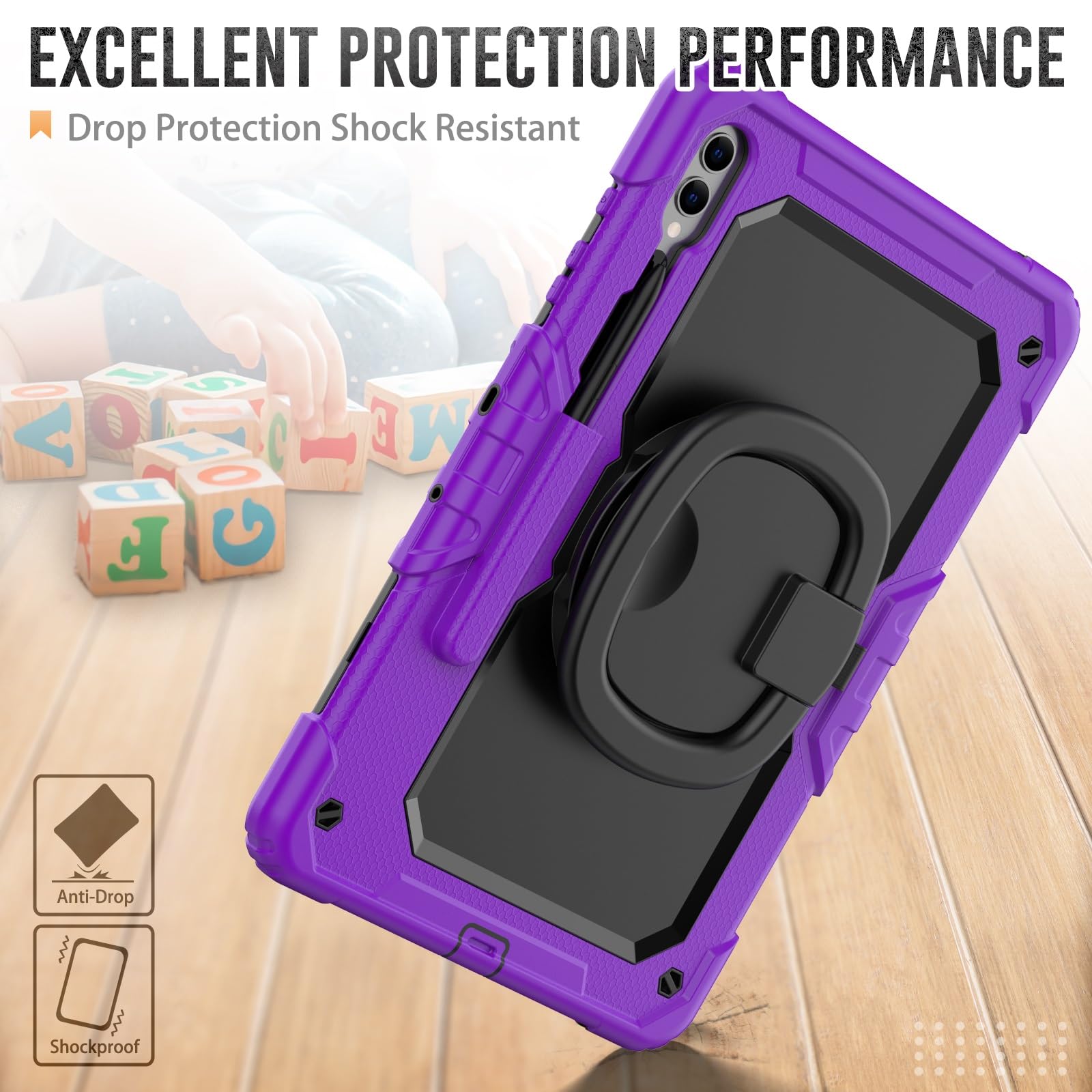 Custodia in TPU Resistente e Antiurto For Samsung Galaxy Tab S10 Plus 12.4" 2024 SM-X820/X826B/X828U For Bambini, Maniglia Girevole a 360 Gradi Staffa di Supporto W Protezione Schermo+Tracolla(Mor)