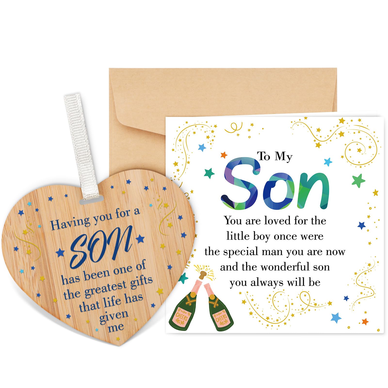 Welsky Son Birthday Card with Envelope, Birthday Card Son Adult with Wooden Plaque, Birthday Christmas Wedding Fathers Day Graduation Gifts for Sons Boy Adult from Mother Father — image 1