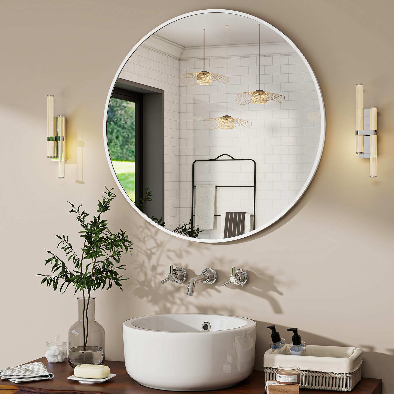 Tanmicoshomy Specchio da bagno bianco 76 x 101 cm, cornice in conchiglia naturale costiera rettangolare per camera da letto, soggiorno, decorazione da parete orizzontale o verticale