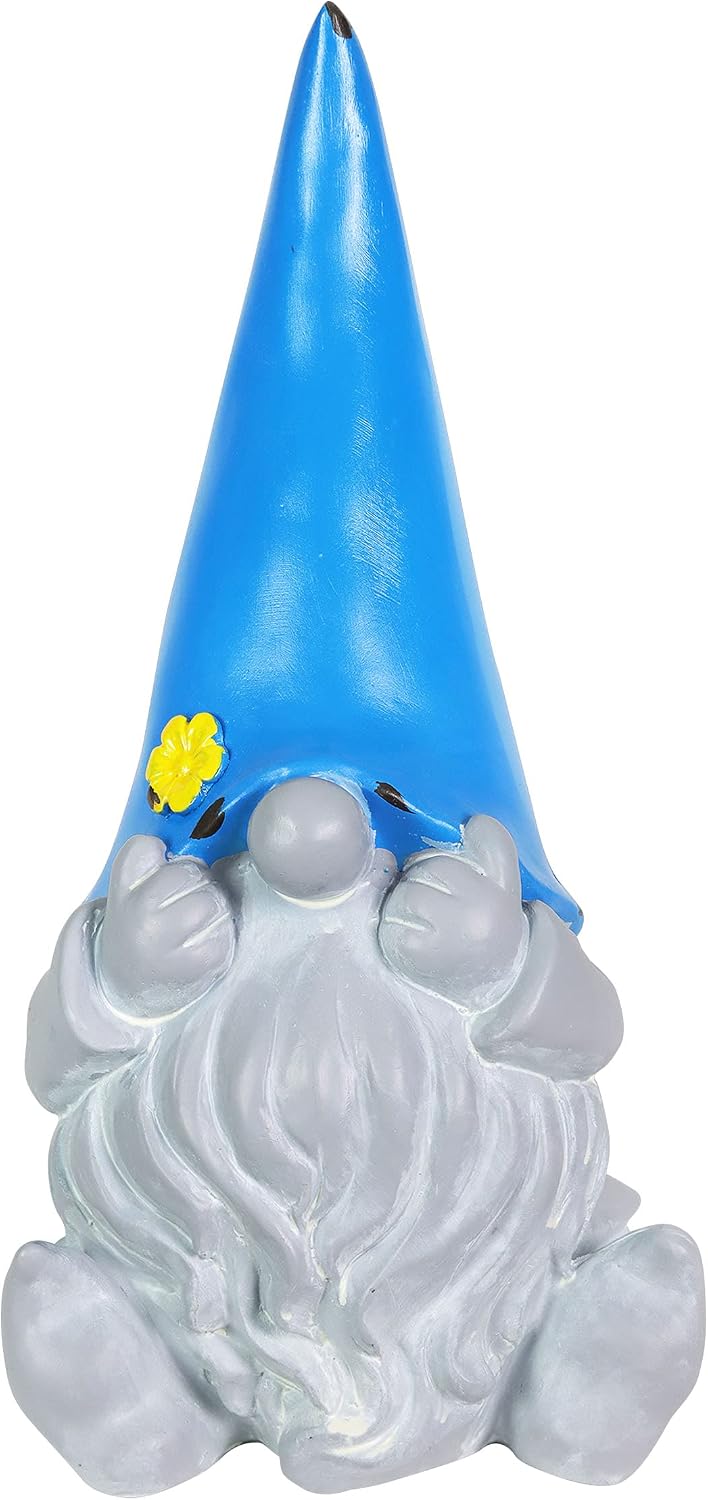 Exhart Garden Gnome, See No Evil Blue Hat Solar Garden Statue Sculpture with Grey Stone Finish, 3 LED Lights, Outdoor Lawn and Yard Decoration, 5.5 x 5 x 10 Inch