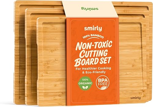 Miniatura 12 de SMIRLY - Juego de tablas grandes para cortar para la cocina, con soporte incluido, hecho de madera de bambú Madera de acacia.,Café bambú,madera,