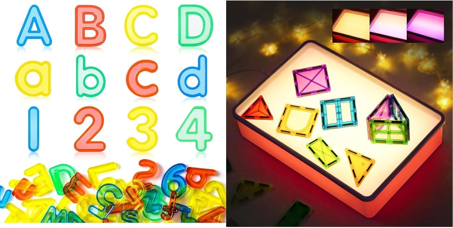 66 Pcs Plastic Letters and Numbers – Sand Painting Light Box – Light Table Manipulatives Set for Alphabet Learning, Math Basics, and Color Recognition