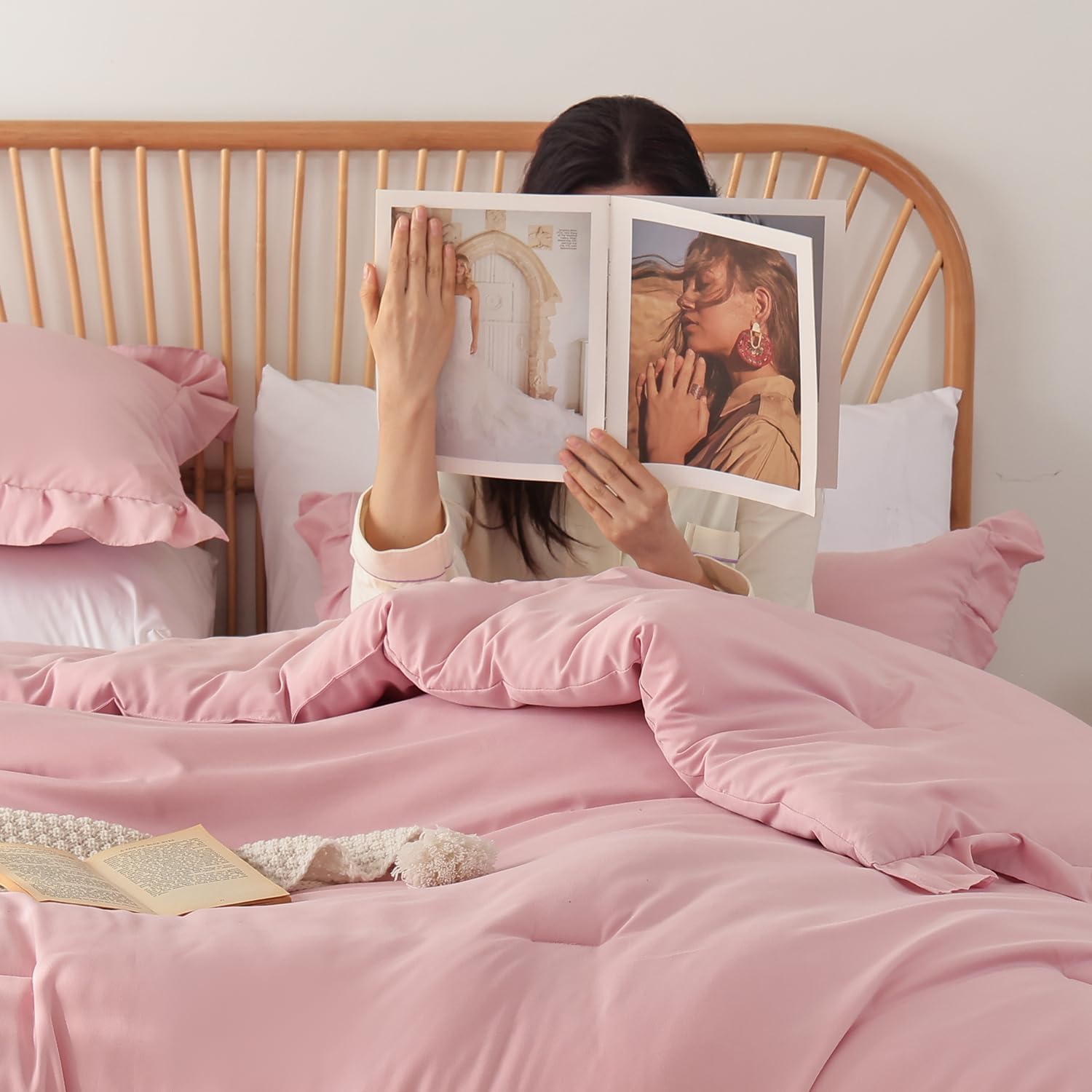 JANZAA King Comforter Set Baby Pink Ruffle Comforter with 2 Pillowcase Soft King Size Bed Set Vintage Farmhouse Bed Comforter Set Fluffy Shabby Chic Bedding for All Season - Image 8