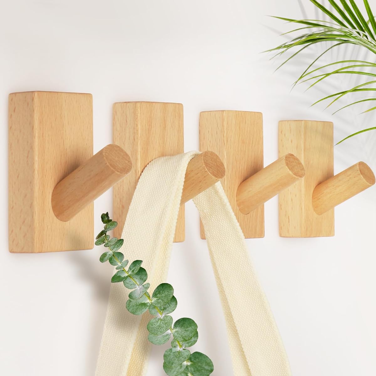 4 Pack Wood Wall Hooks Natural Beech Wooden Coat Hooks Adhesive Heavy Duty | for Hanging Hat Clothes Towels Bags Bathroom Entryway Hallway Handmade Mounted Rustic Home Decor Space Saving Gift
