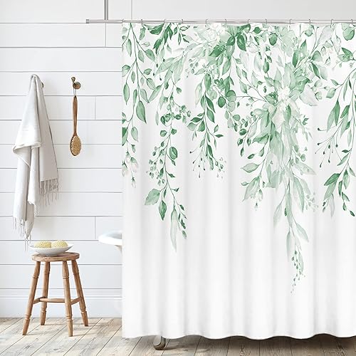 Vista 134 de Tititex - Juego de cortinas de ducha de eucalipto verde oliva, hojas de acuarela en la parte superior con decoración floral de baño, 60 x 72 Hojas