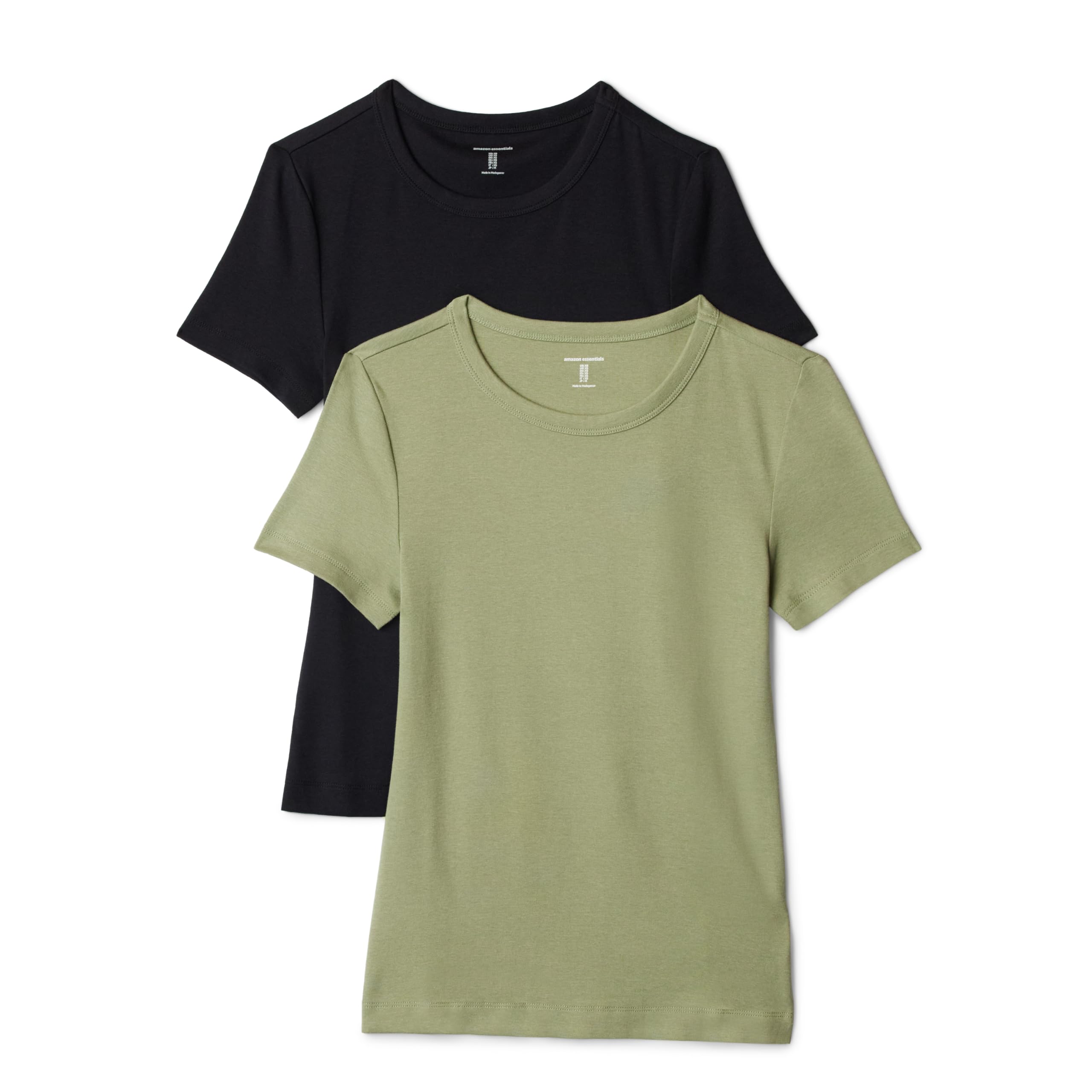 Amazon Essentials Women's Slim-Fit Short-Sleeve Crewneck T-Shirt, Pack of 2, Black/Olive, Large