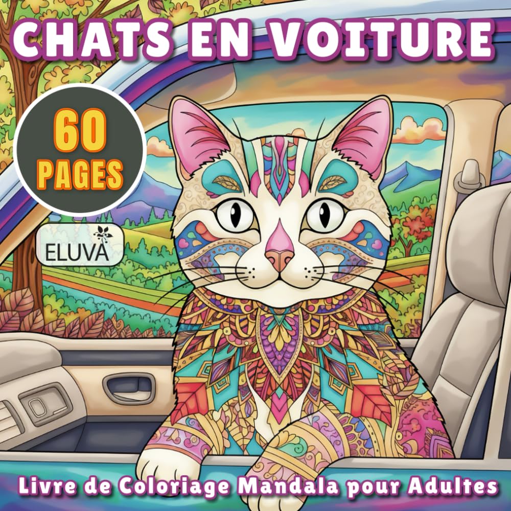 Chats en Voiture – Livre de Coloriage Mandala pour Adultes: Activité de coloriage originale avec 60 mandalas de chats – Moments calmes et créatifs pour adolescents et adultes, tous niveaux inclus.