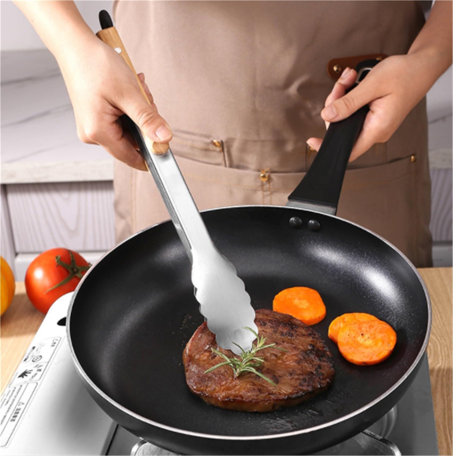Pinzas Cocina Pinzas Freidora De Aire Abrazadera For Barbacoa, Mango De Madera, Antiescaldado, Adecuado For Barbacoa Al Aire Libre Pinzas Cocina para Cocinar(39cm)