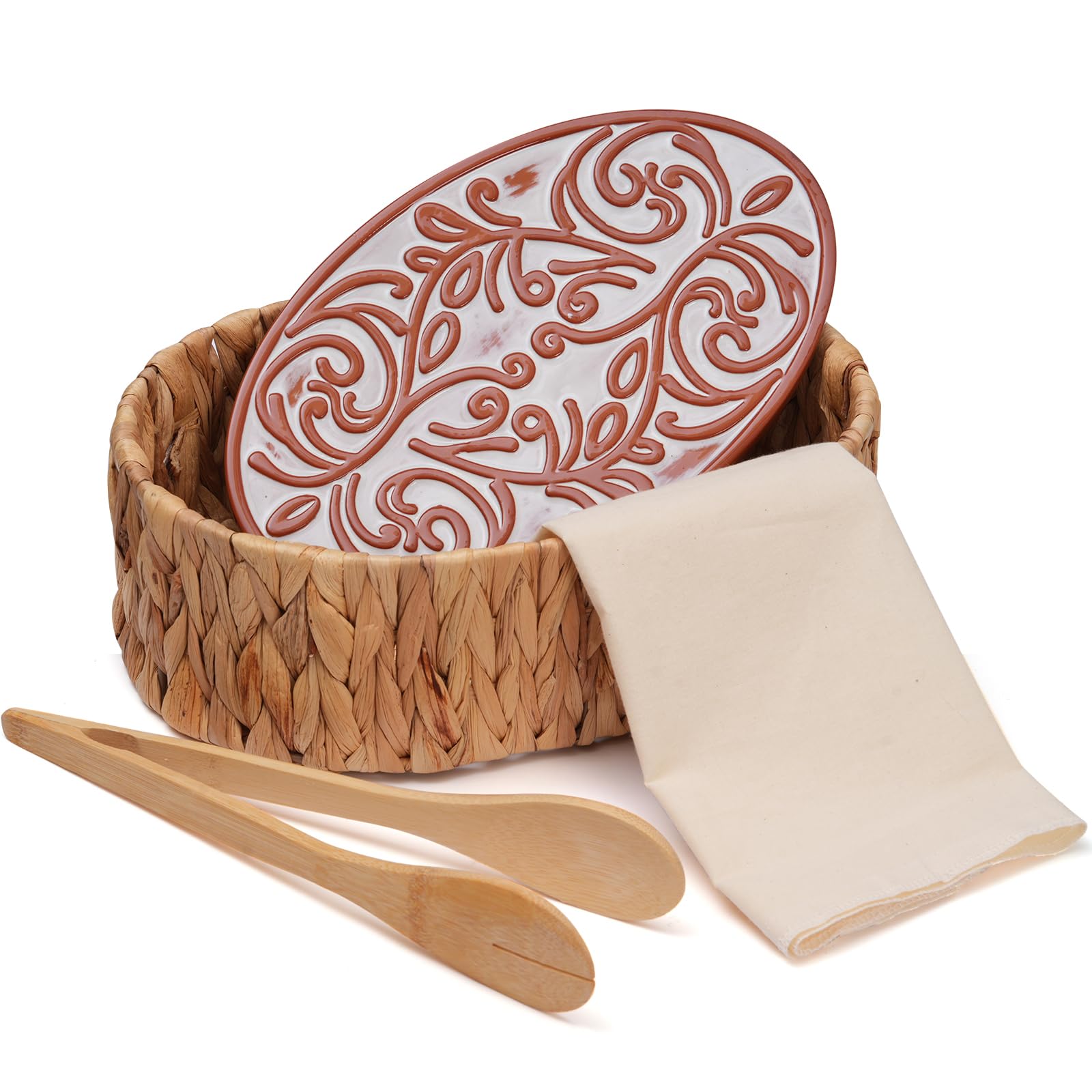 Bread Warmer Basket with Stone - Includes Linen Towel and Clips,Bread Baskets for Serving Tortilla,Sourdough,Terracotta Loaf Warmer Gifts for Hostess Gifts New Home,Sourdough Bakers,Mom Dad Birthday