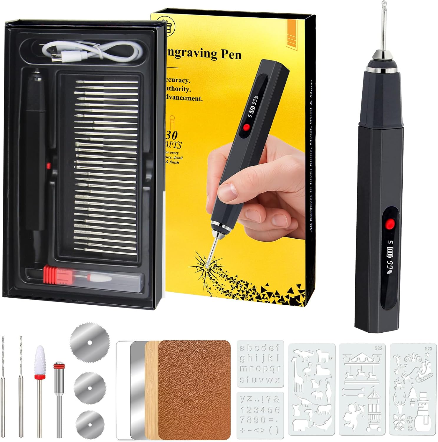 Engraving Pen Kit with 30 Bits Engraving Pen for Metal Wood Glass and Plastic Versatile Engraver Pen for DIY Jewelry Crafts Glass Wood Leather and Metal Working