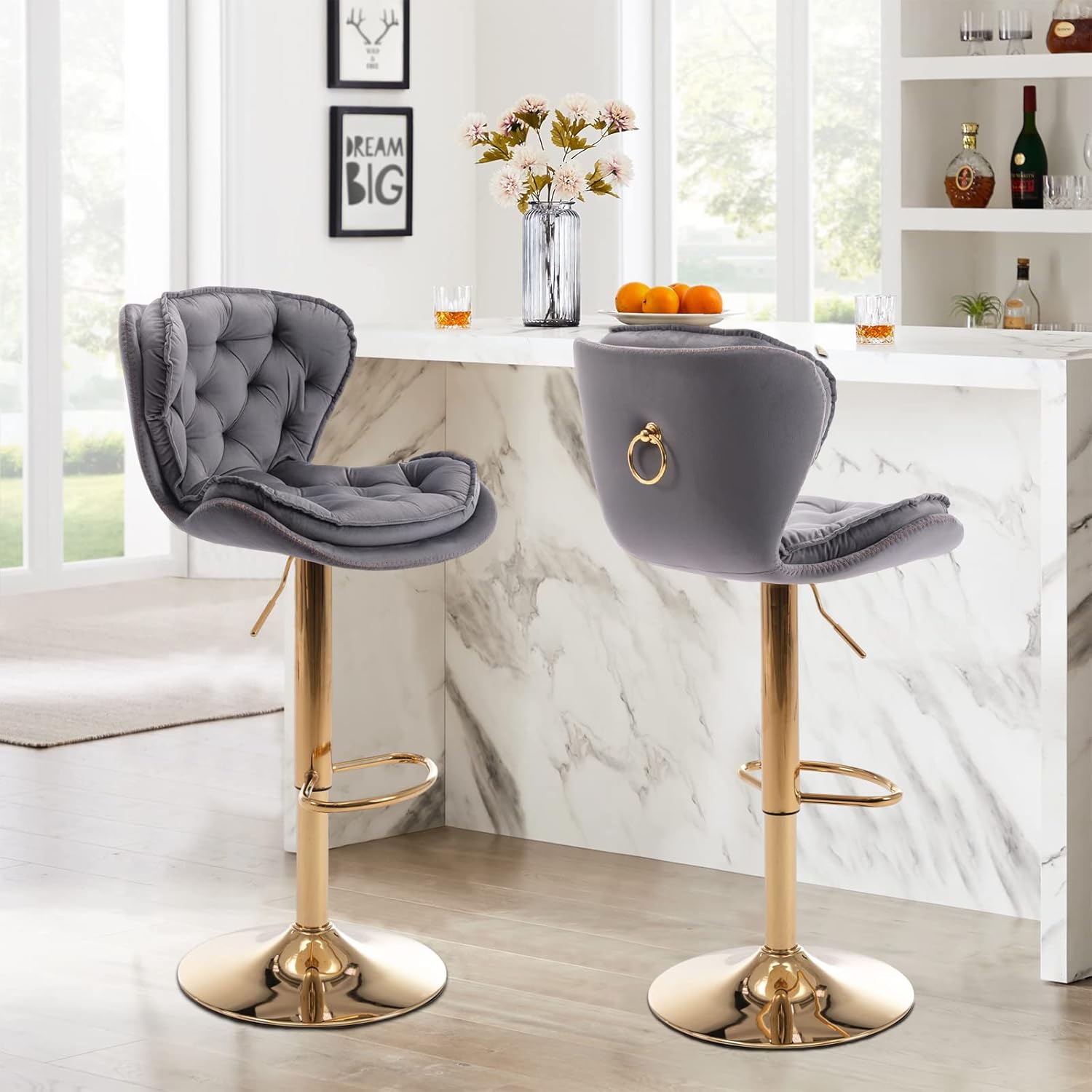 Velvet 360° Swivel Bar Stools Set of 2, Modern Height Adjustable Swivel Barstools Counter Chairs with Back & Golden Metal Base for Pub, Kitchen, Cafe,Dining Room (2, Gray)
