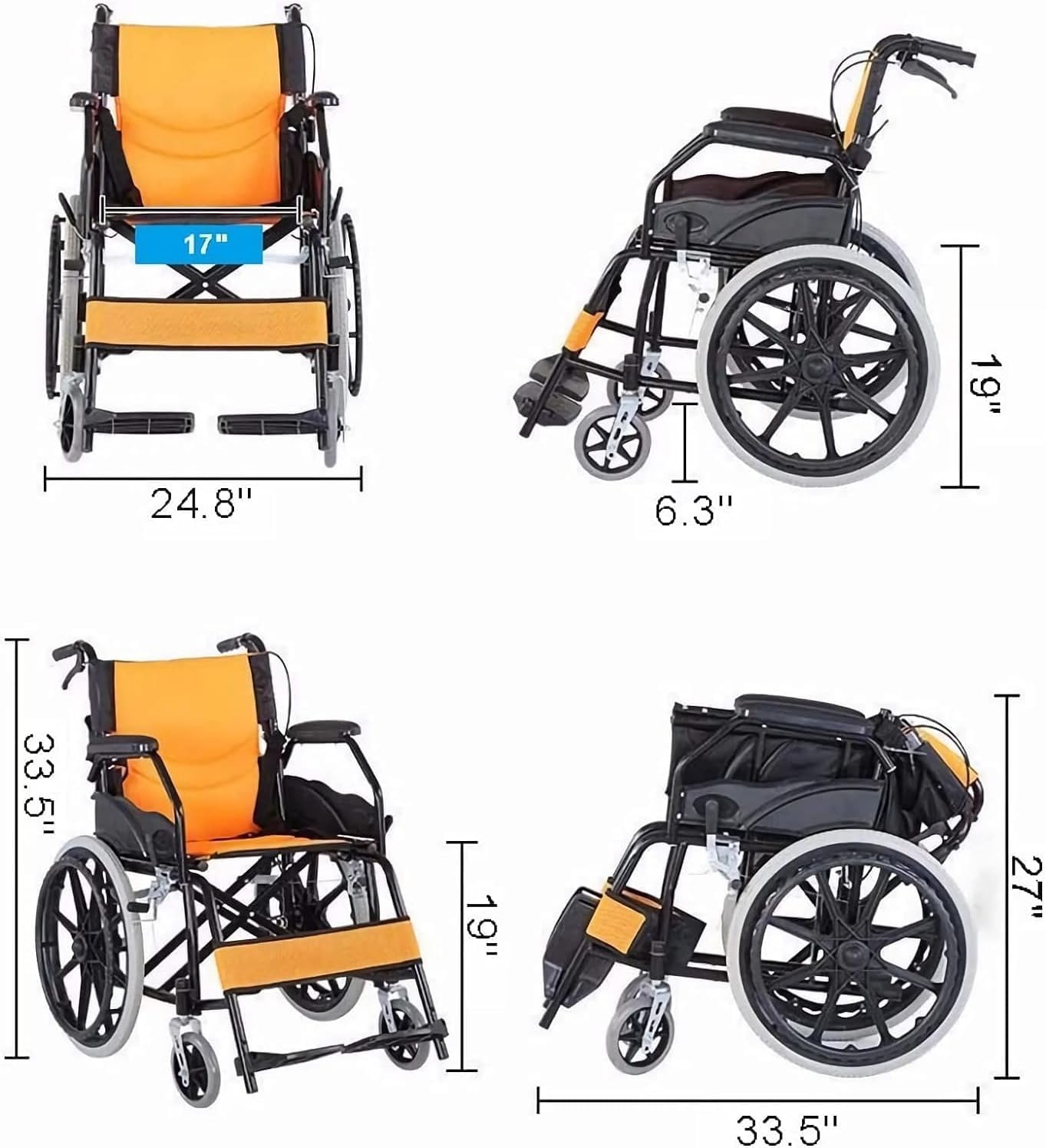 Silla de Ruedas de Transporte Ligera Plegable con Reposapies Basculante Y Asiento Respabatible Silla de Ruedas/D