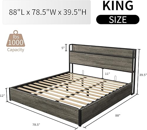 Miniatura 21 de Cama de almacenamiento elevable de tamaño matrimonial, marco de cama de plataforma de madera con cabecera de almacenamiento y estación de carga, no