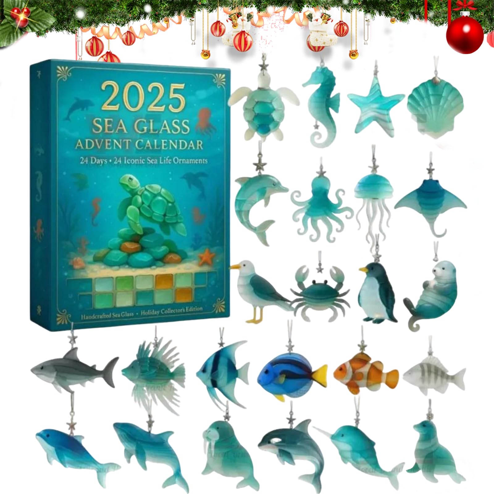 Calendrier De L'Avent 2025 Sea Glass Marine Life - 24 Décorations Acrylique 2D Thème Océan, Décoration Noël