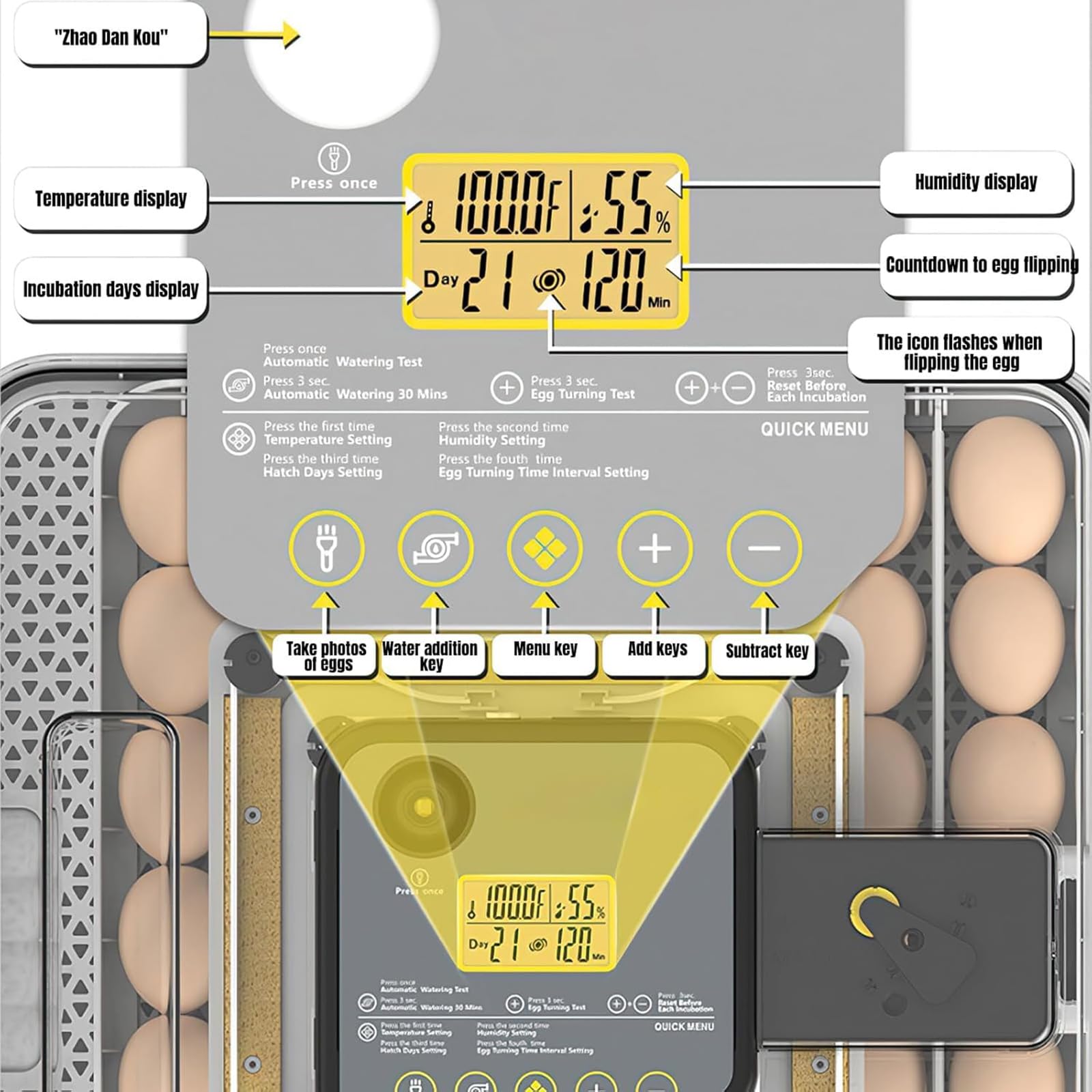 Incubadora de huevos de giro automático con control de temperatura y humedad para 48 huevos, dispositivo de incubación para aves de corral, palomas y aves de caza con alarma de vela de huevo