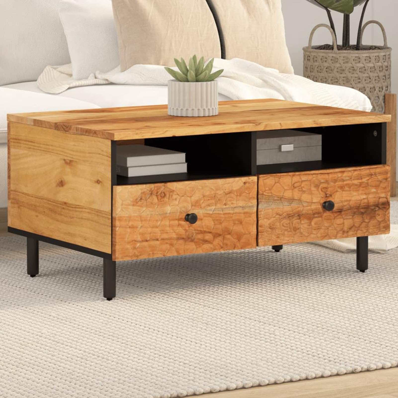 Homgoday Table basse 80 x 54 x 40 cm en bois d'acacia massif, table d'appoint pour salon, salle de réception d'invités, chambre à coucher et mobilier de bureau