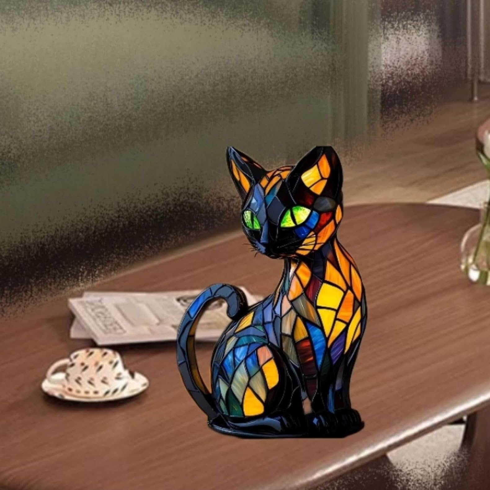 Gutsyluv Cat Lamp,Retro Cats Stained Resin Cat Tabletop Night