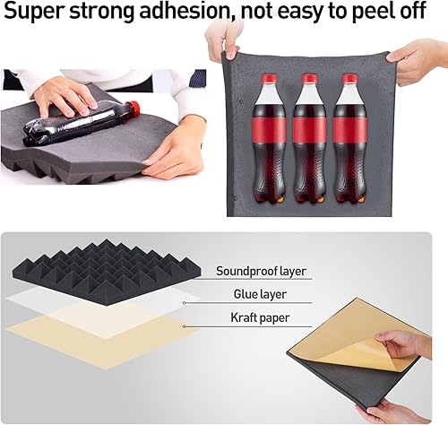 Miniatura 4 de Paquete de 24 paneles de espuma acústica autoadhesivos, paneles de pared piramidales de alta densidad insonorizados para estudios, cine en casa,