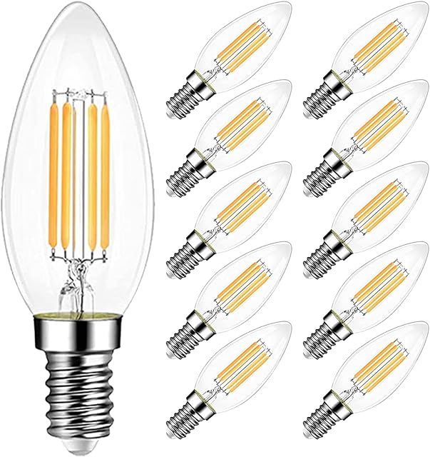 EXTRASTAR E14 LED Filament Candle Bulbs 4W, 400LM 40W Equivalent, C35 SES Small Edison Screw Led Light Bulbs, Warm White 3000K, Non-dimmable, Pack of 10
