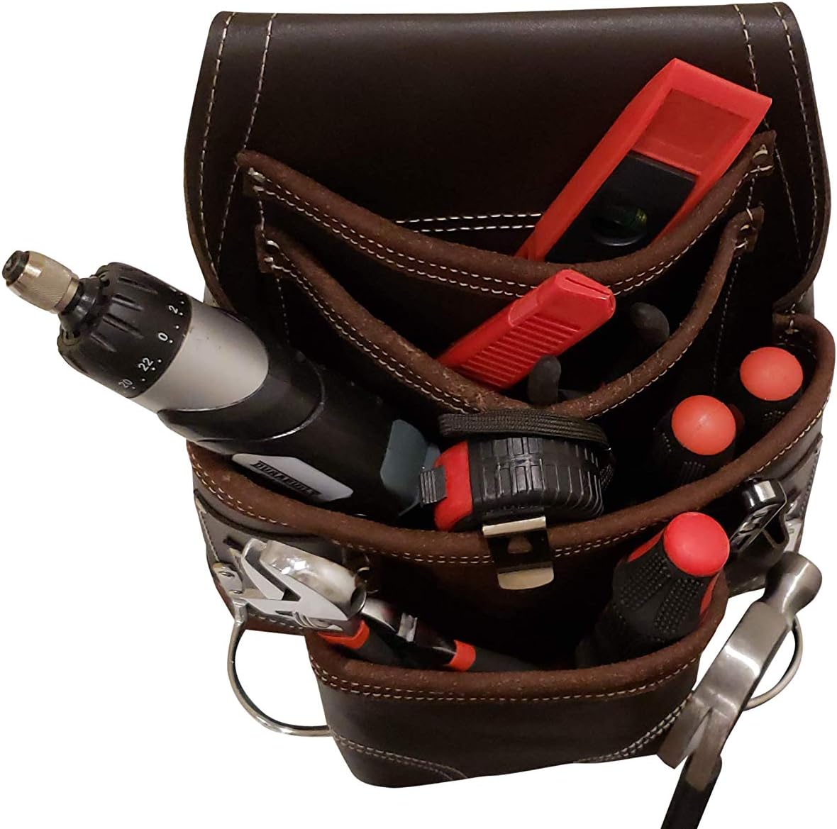 LAUTUS Oil Tanned Leather Tool Pouch Bag | Carpenter, Construction, Framers, Handyman | 10 Pockets, 2 Hammer Holders | 100% Leather