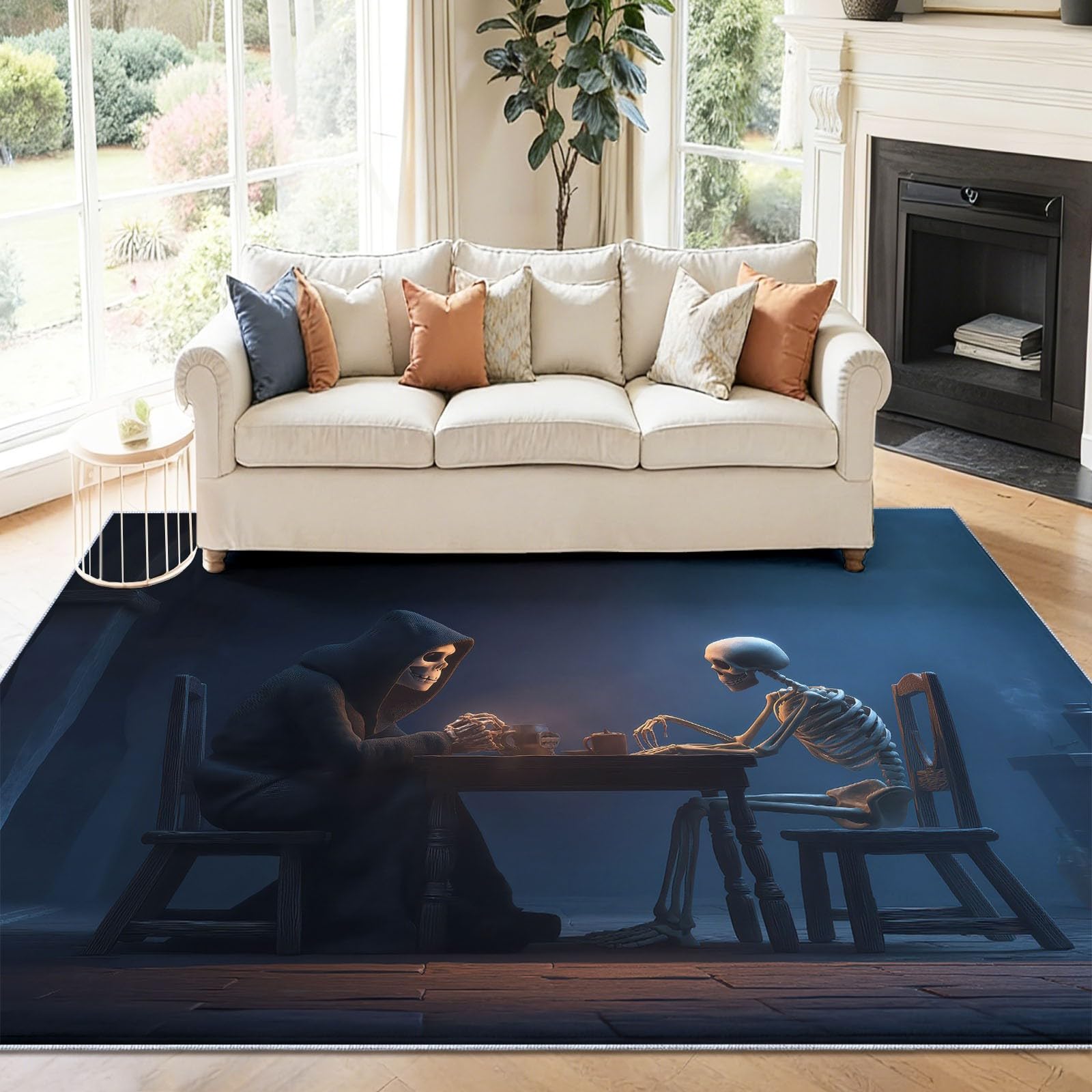 Dywan do salonu, można prać w pralce, dywan 80 x 150 cm, dywan antypoślizgowy, czarna czaszka, kinowy styl, niskie runo, nie gubi włosia, nadruk, do jadalni, domu, biura, sypialni