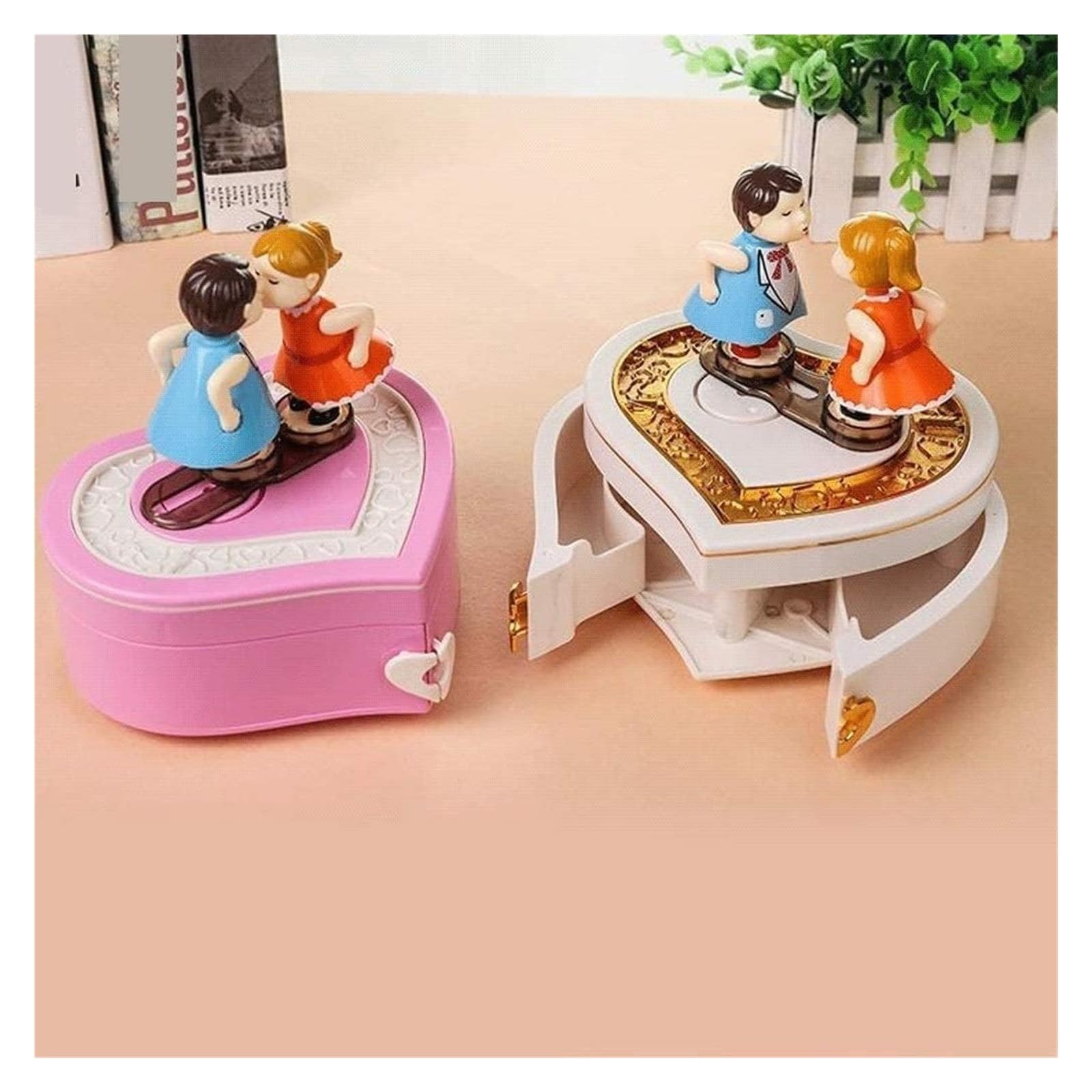 Caja de música Caja de música Caja Musical en Forma de corazón con Pareja besándose Bailarina giratoria Mecanismo de Doble Capa(Pink)